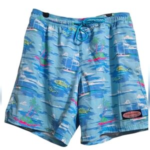VINEYARD VINES 7 Inch Printed Chappy Swim Trunks. Blue Multi. Size Small